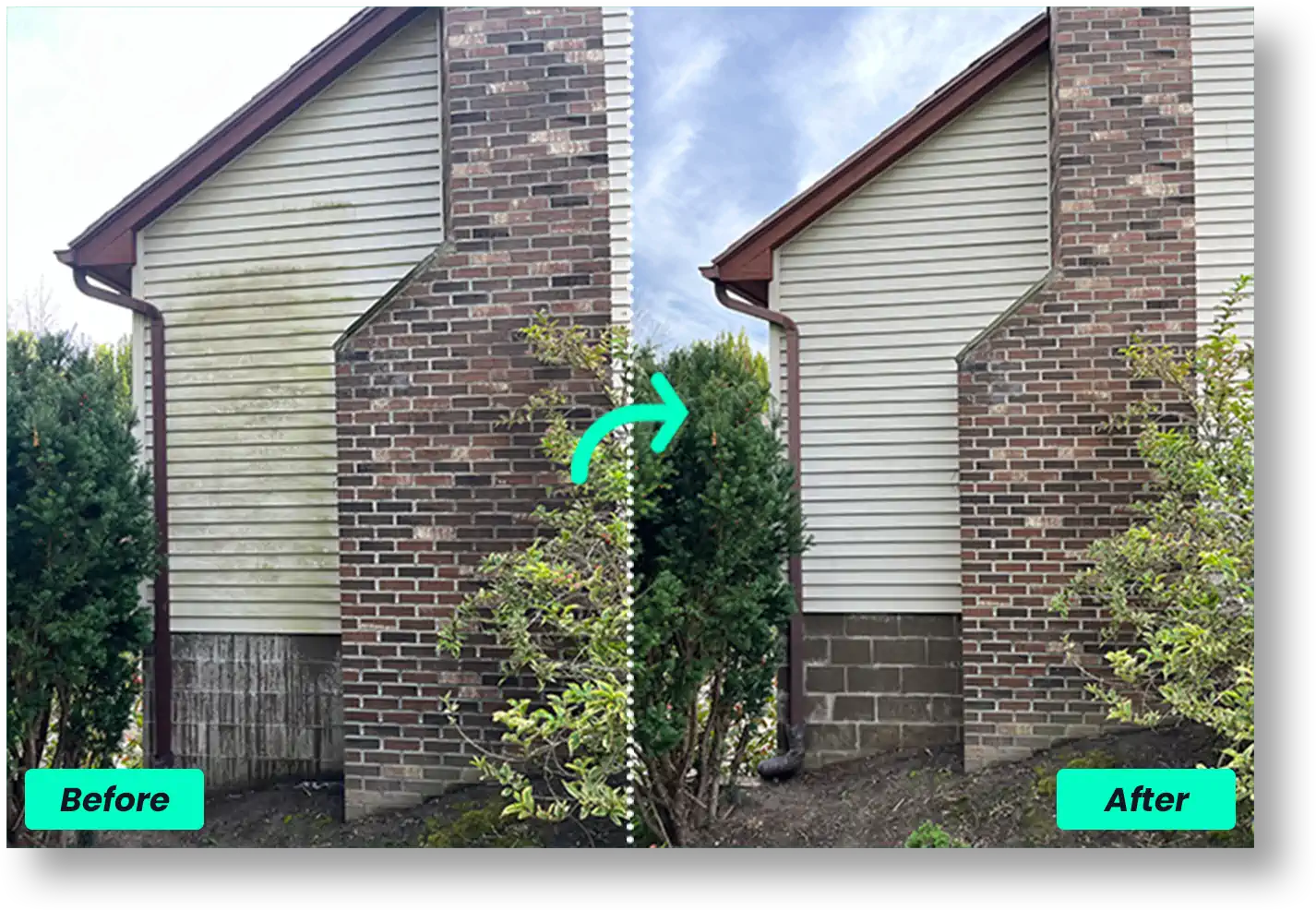 Before and after of a house being powerwashed