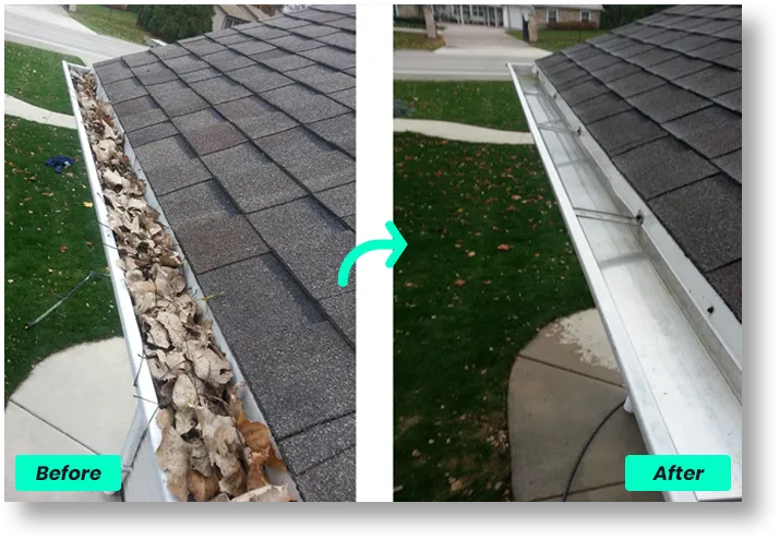 Before and after of gutters being cleaned of debris
