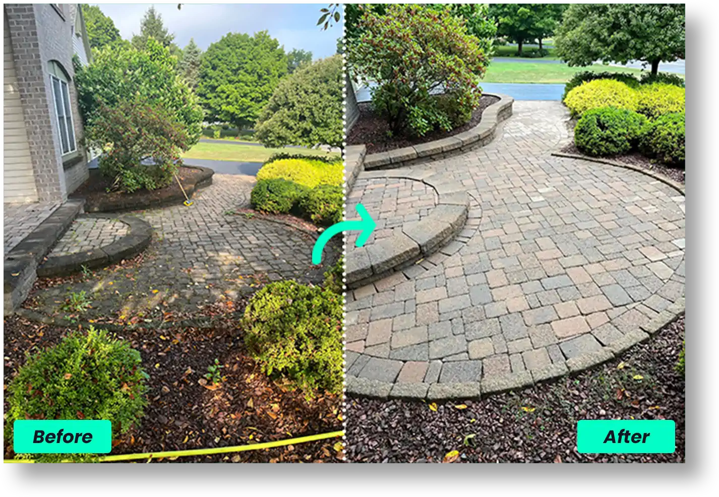 Before and after of a paver walkway being pressure washed