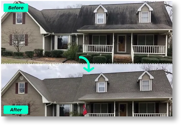 Before and after of a shingle roof being soft washed